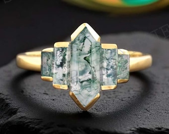 Vintage Long Hexagon Cut Moss Agate Ring unique Rose Gold Band Natural Moss Agate Band Art Deco Baguette Bridal Promise Ring, Bezel Set Ring