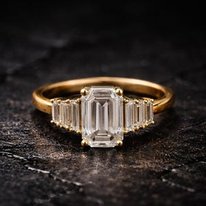 Pierścionek zaręczynowy z moissanitem o szlifie szmaragdowym 2ct, pierścionek ze złota 14K/pierścionek w stylu art déco, unikatowy pierścionek obietnicy z moissanitem, pierścionek z kamieniem Sevan, obrączka ślubna