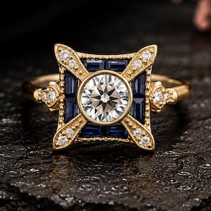 May include: A gold ring featuring a central round brilliant-cut white stone surrounded by a square frame of deep blue baguette-cut stones. The frame is accented with small round white stones and intricate gold bead detailing on the edges.