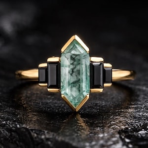 Retro Hexagon Green Moss Agate Ring, Baguette Onyx Wedding Ring, Unique Black Onyx Engagement Ring, Bezel Set Art Deco Bridal Promise Ring