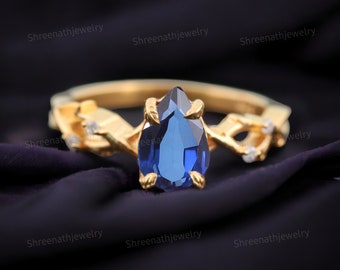 Blue Sapphire Engagement Ring Solid Gold Crossover Jewelry Bridal Diamond Promise Ring September Birthstone Jewelry Art Deco Statement Rings