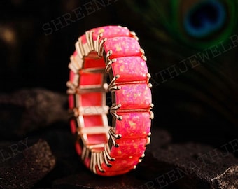 Alianza de boda con ópalo de fuego rosa y corte baguette, piedra natal de octubre, oro de 14 quilates, joyería apilable, regalo para mujer