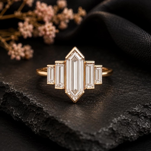 Retro Hexagon CZ Diamond Ring, Baguette Diamond Wedding Ring, Unique Diamond  Engagement Ring, Bezel Set Art Deco Bridal Promise Ring