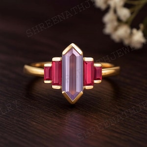 Hexagon cut Purple Amethyst ring Unique Rose gold engagement ring Baguette cut Ruby Bezel set ring Vintage Bridal wedding anniversary ring