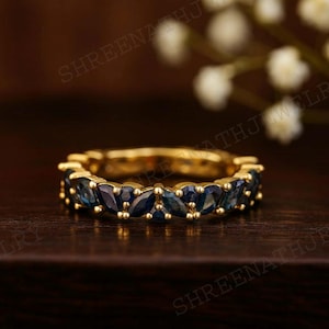 Marquise Sapphire Proposal Band Blue Gemstone Wedding Band Full Eternity Stackable Band 18k Yellow Gold Jewelry Anniversary Gift For Women