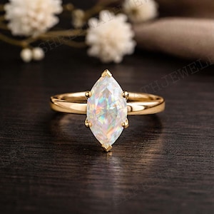 14K Gold Marquise Cut Fire opal Solitaire Ring, Wide Band October Birthstone Jewelry
