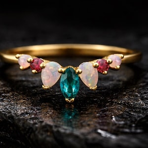 Opal Emerald Bridal Band Ruby Anniversary Band Women's Fine Gold Jewelry May Birthstone Stacking Ring Art Deco Matching Band Statement Gift