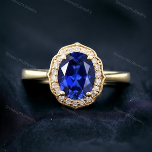 Oval Sapphire Halo Diamond Ring 14k Solid Gold Engagement Ring For Women September Birthstone Gift Jewelry Navy Blue Gemstone Solitaire Ring