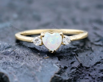 Vintage Heart Opal Promise Ring Bridal Diamond Stacking Ring October Birthstone Gift Jewelry Women Stacking Wedding Ring Yellow Gold Rings