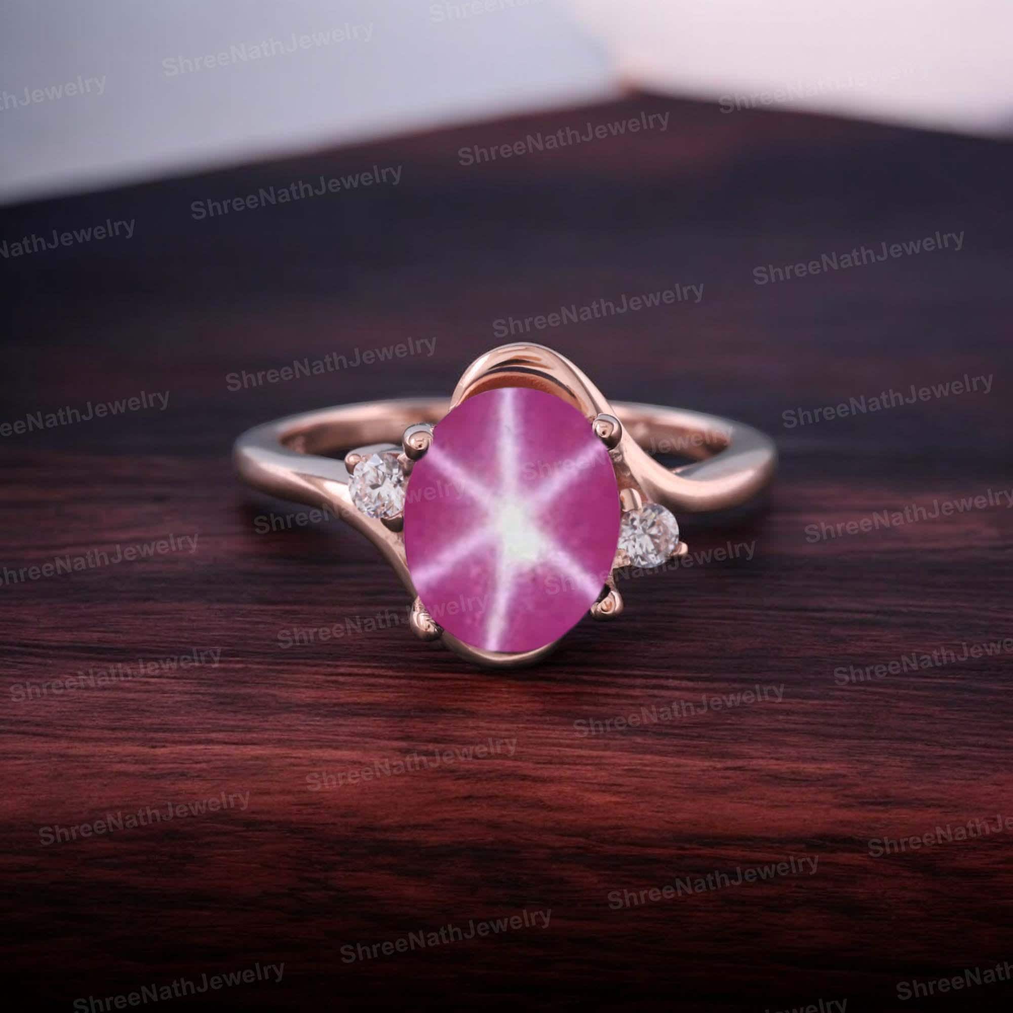 Star Ruby Diamond Ring 14K Solid Gold Ring, Lindy Star Ring Accent Diamond Statement Ring Engagement Stackable Ring Jewelry Anniversary Gift