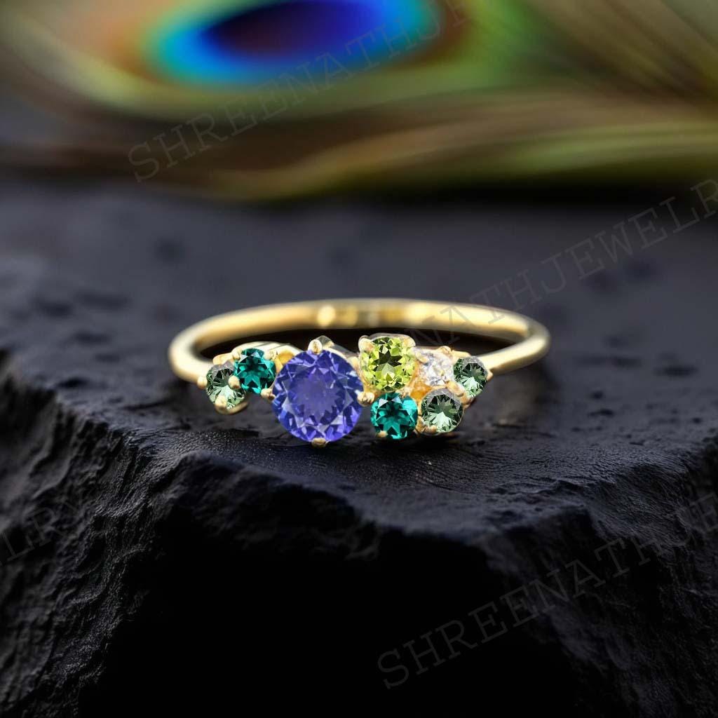 Blue Tanzanite & Diamond Cluster Wedding Ring Multi Sapphire Engagement Ring Mixed Stone Cluster Ring Teal Sapphire Bridal Ring For Her