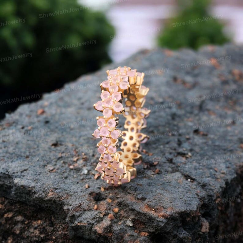 Floral Rose Quartz Full Eternity Band 14k Rose Gold Wedding Band Art