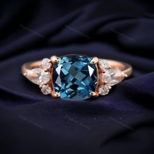 Cushion Cut London Blue Topaz Engagement Ring Topaz Moissanite Wedding Ring Cluster Snowdrift  Diamond Ring Unique Gemstone Anniversary Gift