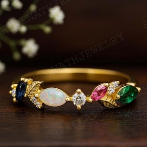Unique Opal Multi Gemstone Wedding Band Dainty Sapphire Ruby Emerald Band Delicate Bridal Promise Band 14K Yellow Gold Jewelry Gift For Love