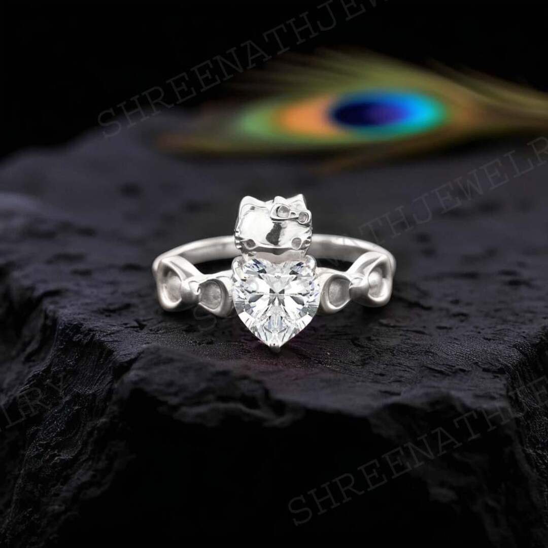 Heart Kitty Inspired Ring 925 Silver Kitty Ring 14K White