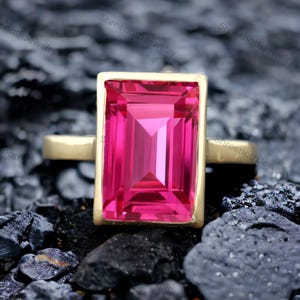 Pink Ruby Solitaire Ring 18k Solid Gold Engagement Ring Emerald Cut Gemstone Bridal Jewelry Women Stacking Ring Personalized Gift For her