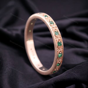 Antique Emerald Eternity Band Vintage Real Emerald Wedding Band Yellow Gold Full Eternity Band  Women Stacking Ring Promise Matching Ring