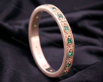Antique Emerald Eternity Band Vintage Real Emerald Wedding Band Yellow Gold Full Eternity Band  Women Stacking Ring Promise Matching Ring
