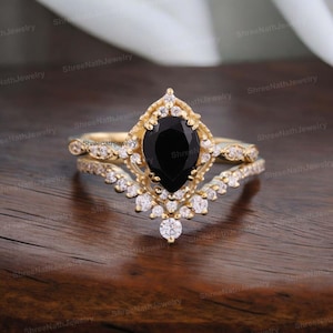 Vintage black onyx engagement ring rose gold ring art deco curved stacking band pear shaped bridal set unique moissanite wedding set