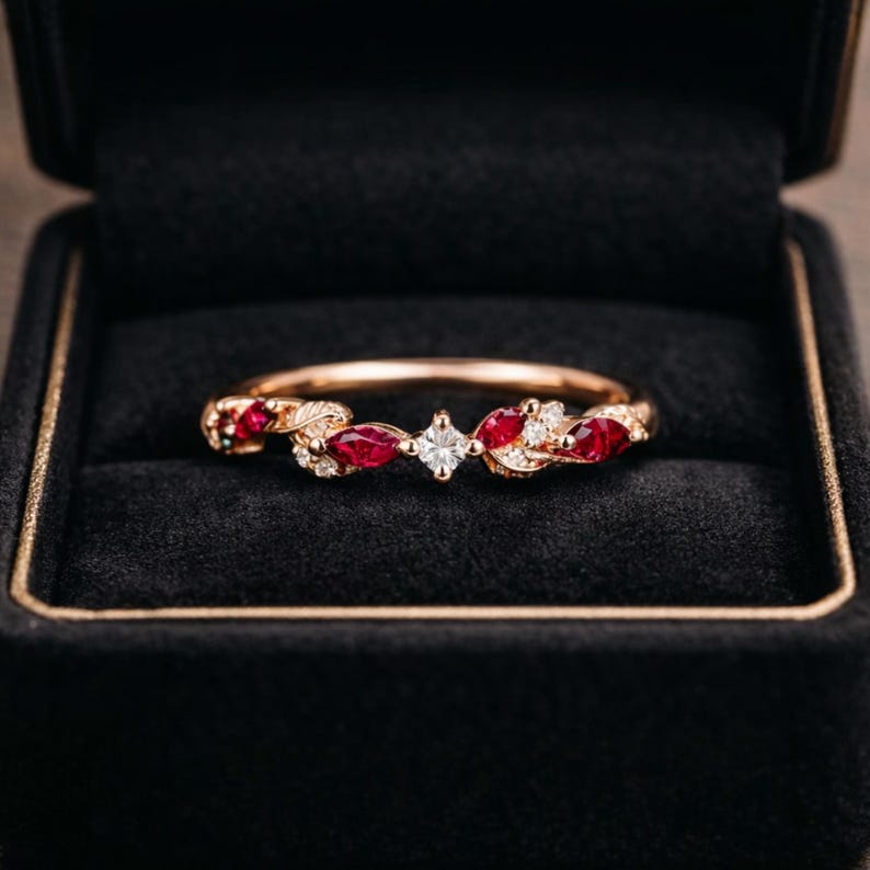 14k Solid Gold Ruby Wedding Band Thick Band Ring for Women Pave Ruby ...