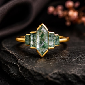 Vintage lång hexagonslipad mossagatring unik roséguldband naturlig mossagatband Art Deco baguette brudlöfte ring, bezel infattad ring