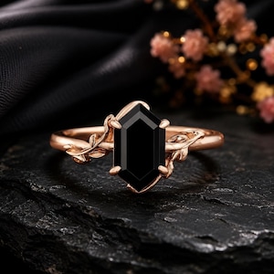Natural Black Onyx Twig Ring Nature Inspired Wedding Ring Rose Gold Handmade Jewelry  Birthday Gift For Wife Unique Design Stacking Rings
