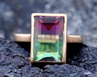 Watermelon Tourmaline Solitaire Ring Bi Color Ring Doublet Quartz Ring Emerald Cut Gemstone Bridal Jewelry Women Stacking Ring Gift For her
