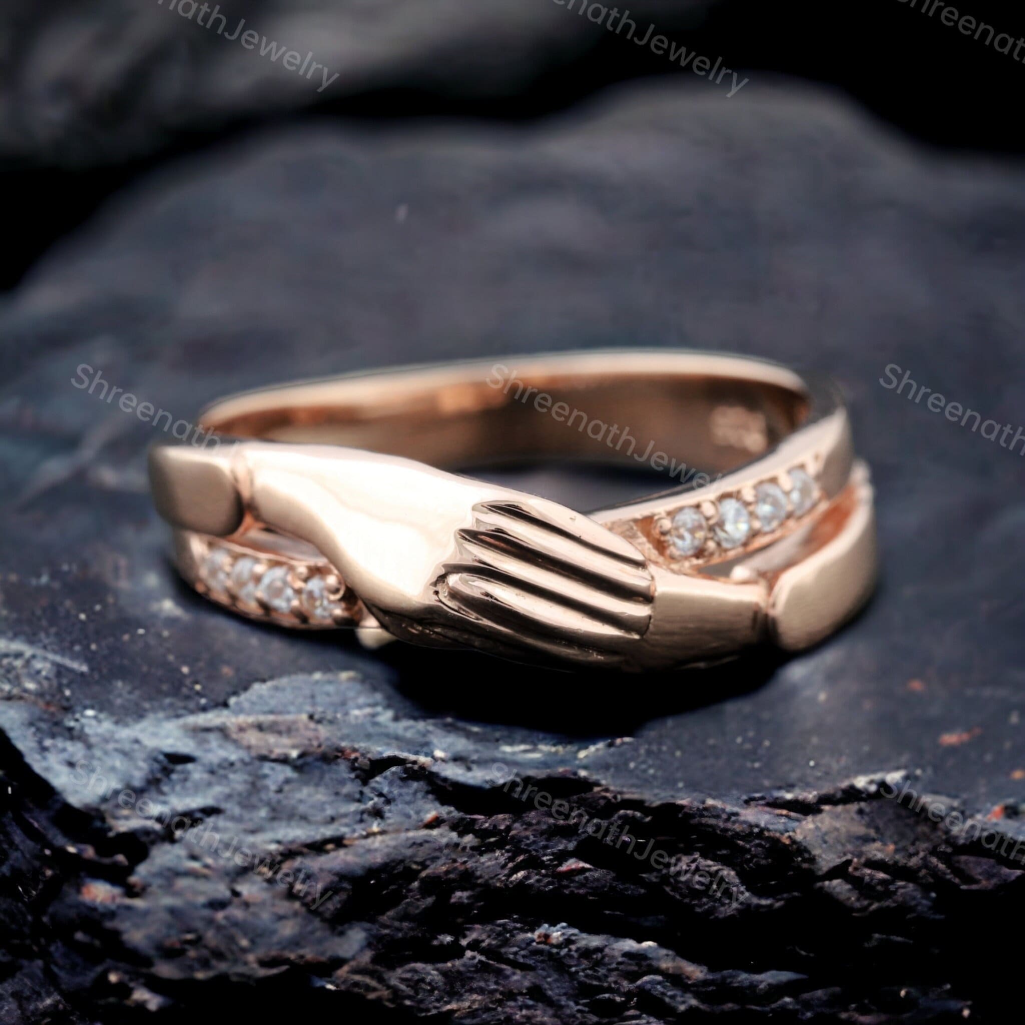 Solid Yellow Gold Hug Ring Love Hugging Hand Friendship Ring Love Bird Promise Ring Engraved Ring Couple Diamond Ring Statement Gift For Her