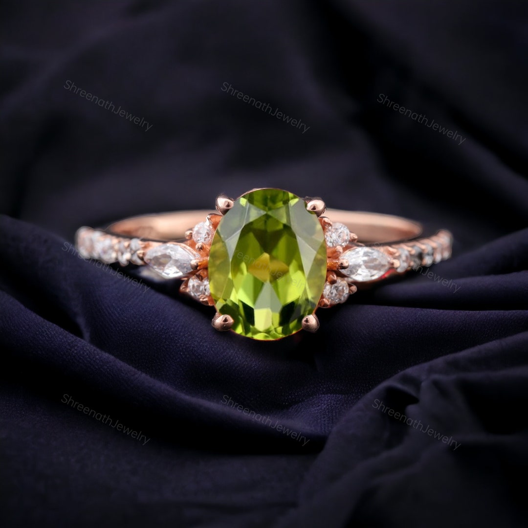 Oval Shaped Peridot Promise Ring August Birthstone Bridal Gift Diamond