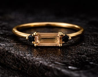 Anillo de oro macizo de 14k con cuarzo ahumado auténtico, anillo clásico de tres piedras preciosas con ónix negro, banda pequeña y delicada, joyería antigua para mujer, regalo de cumpleaños para ella.