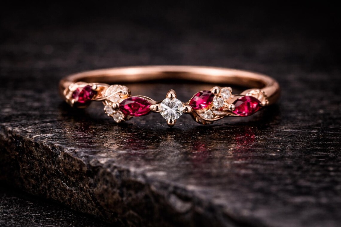 14k Solid Gold Ruby Wedding Band Thick Band Ring for Women Pave Ruby ...