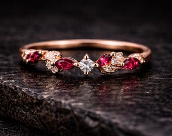 14k Solid Gold Ruby Wedding Band Thick Band Ring for Women Pave Ruby Stackable Ring Dainty Real Gold Rings Handmade Jewelry Gift For Wife