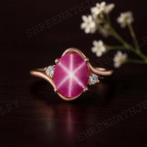 Star Ruby Diamond Ring 14K massief gouden ring, Lindy Star Ring accent diamanten statement ring verlovingsring stapelbare ring sieraden jubileumcadeau