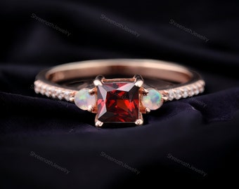 Vintage Garnet Opal Wedding Ring Women Diamond Promise Ring 14K Rose Gold Bridal Jewelry Anniversary Gift For Wife January Birthstone Rings