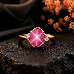 Star Ruby Diamond Ring 14K Solid Gold Ring, Lindy Star Ring Accent Diamond Statement Ring Engagement Stackable Ring Jewelry Anniversary Gift