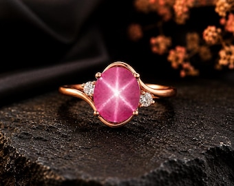 Star Ruby Diamond Ring 14K Solid Gold Ring, Lindy Star Ring Accent Diamond Statement Ring Engagement Stackable Ring Jewelry Anniversary Gift