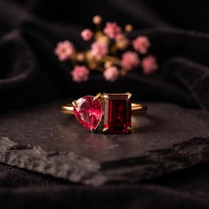 Emerald Cut Garnet Toi et Moi Engagement Ring, Two Stone Ring, Pear Ruby Antique Ring, Women Customized Jewelry Promise Ring Gift For Love