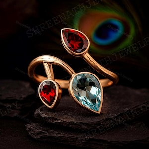 Granat Aquamarin Hochzeit Ring, Doppel Birthstone Schmuck, Braut offener verstellbarer Ring zarte Stapelring Versprechen Statement Ring für sie