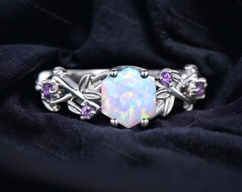 Hexagon White Fire Opal and Amethyst Engagement Ring Silver Twig Branch Promise Gift for Women Color Changing Opal Gemstone Wedding Ring