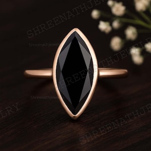 14K Solid Gold Black Onyx Ring 925 Silver Faceted Onyx Ring Handmade Statement Ring Large Gemstone Jewelry Onyx Marquise Solitaire Ring