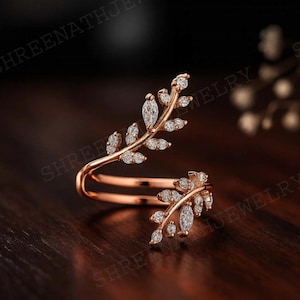 Anello di Moissanite con fedina a foglia, anello di nozze con diamanti Marquise, delicato anello di protezione, anello di abbinamento unico con gioielli avvolgenti