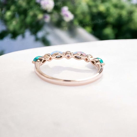 Opal Turquoise Wedding Band Women Vintage Moissanite Half Eternity