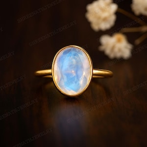 Bezel Set Moonstone Ring 14K Gold Rainbow Moonstone Ring Natural Gemstone Anniversary Gift for Her Unique Jewelry Solitaire Stacking Ring