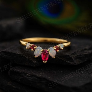 Opal Pink Rubin Braut Band Jubiläum Band Damen Gold Schmuck September Geburtsstein Stapelring Art Deco Passend Band Statement Geschenk