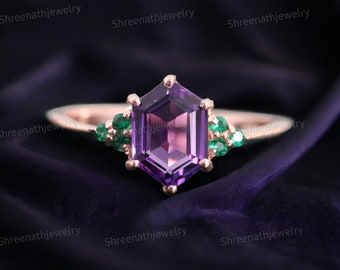 Hexagon Amethyst Bridal Ring Vintage Emerald Cluster Wedding Ring Rose Gold Personalized Jewelry February Birthstone Promise Gift For Wife