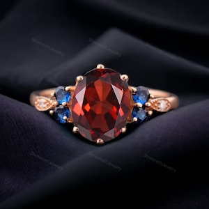 Oval Red Garnet Sapphire Ring14K Rose Gold Engagement Wedding Ring Multi Gemstone Bridal Ring For Her Garnet Statement Birthday Promise Gift