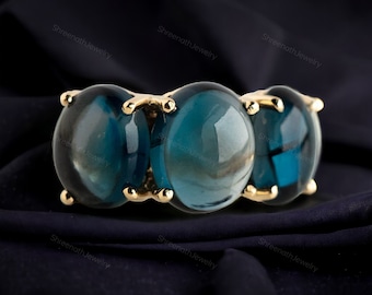 London Blue Topaz Engagement Ring Art Deco Cluster Ring Vintage Topaz Cabochon Classic Ring Anniversary Gift For Wife 14k Gold Topaz Jewelry