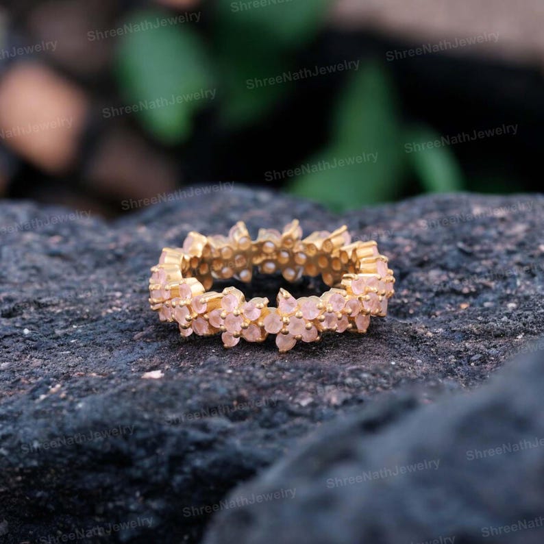 Floral Rose Quartz Full Eternity Band 14k Rose Gold Wedding Band Art
