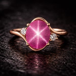 Star Ruby Diamond Ring 14K Solid Gold Ring, Lindy Star Ring Accent Diamond Statement Ring Engagement Stackable Ring Jewelry Anniversary Gift