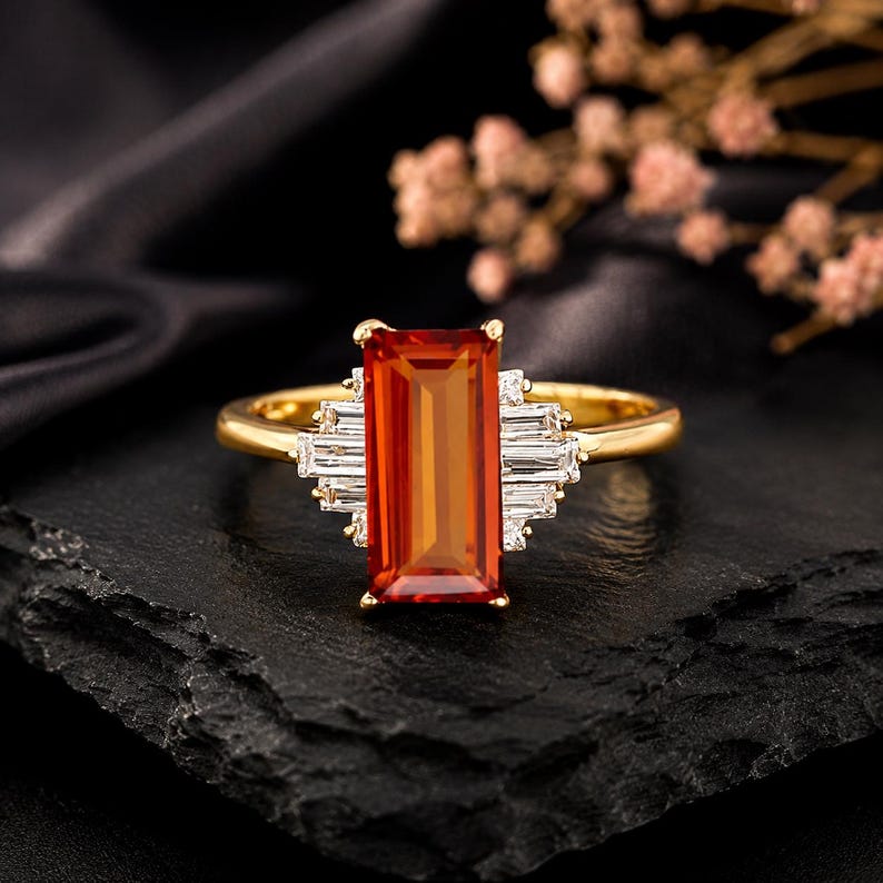 Vintage Orange Safir Förlovningsring Brud Diamant Klusterring Dam Stapelring Elegant Design Art Deco Ring Roséguld Gåva Till Fru